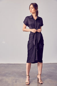 Black Button Up Front Tie Detail Dress