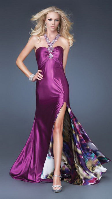 Purple Beaded Y Strap Satin Colorful Lining Long Dress