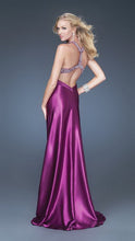 Purple Beaded Y Strap Satin Colorful Lining Long Dress