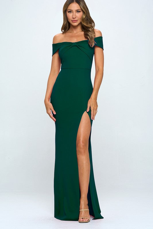 Green Bow Off The Shoulder Mermaid Maxi Dress