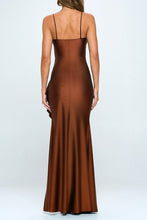 Brown Pleated Ruffle Slit Maxi Dress