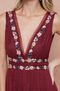 Red Embroidered Tulle Polka Dot Maxi Dress