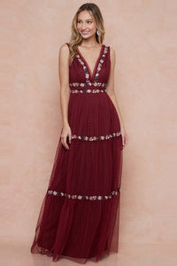 Red Embroidered Tulle Polka Dot Maxi Dress
