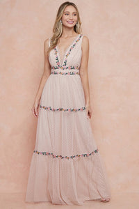 Beige Embroidered Tulle Polka Dot Maxi Dress