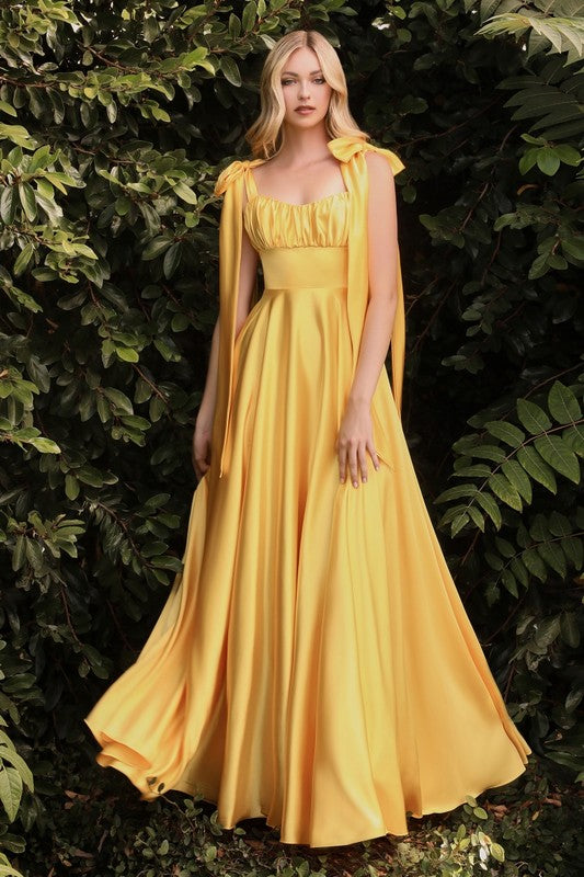 Yellow Satin Slit Long Evening Dress