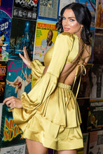 Yellow Solid Satin Front O-ring Back Detail Mini Dress