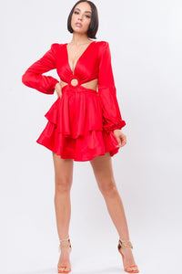 Red Solid Satin Front O-ring Back Detail Mini Dress