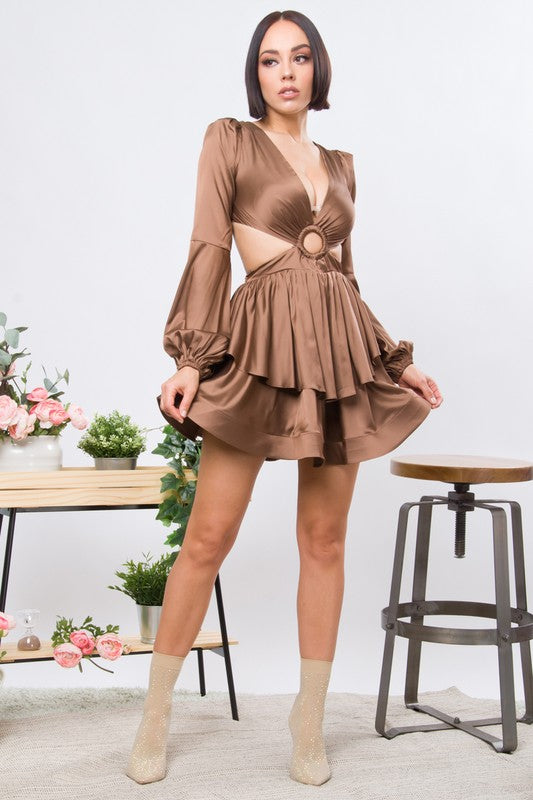 Brown Solid Satin Front O-ring Back Detail Mini Dress