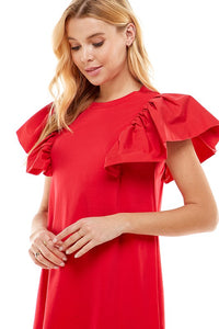 Red Knit Ruffle Sleeve Mini Dress