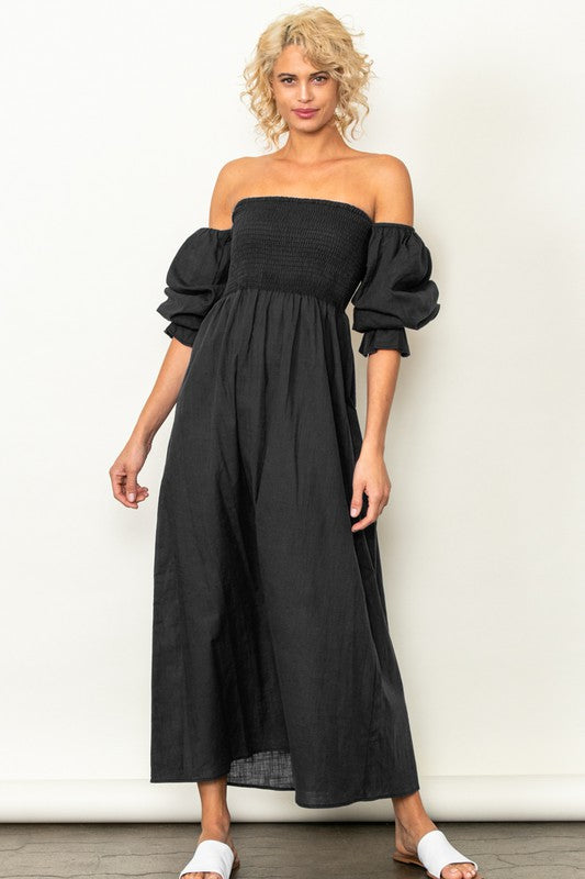 Black On And Off Shoulder Smocked Chest Maxi Linen Dress