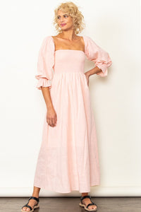 Peach On And Off Shoulder Smocked Chest Maxi Linen Dress – Aquarius Brand