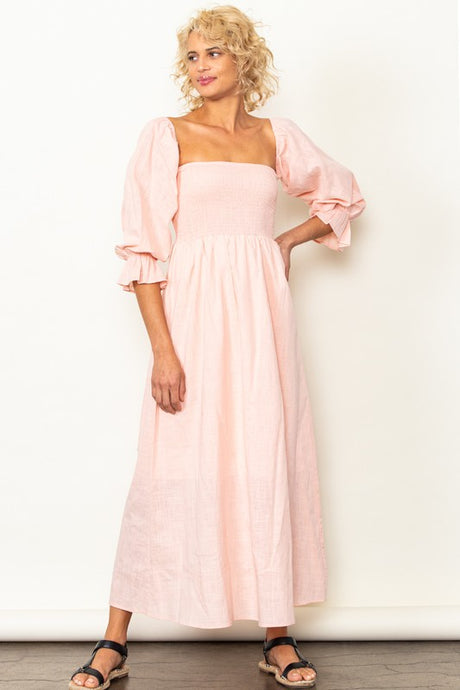 Peach On And Off Shoulder Smocked Chest Maxi Linen Dress
