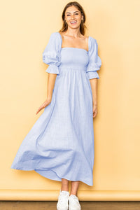 Powder Blue On And Off Shoulder Smocked Chest Maxi Linen Dress