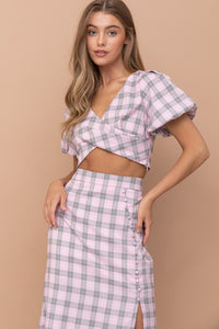 Pink Cropped Blouse And Skirt Set