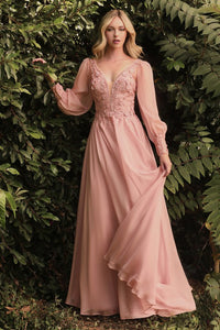 Mauve Flower Fairy Lace Satin Long Sleeve Evening Dress