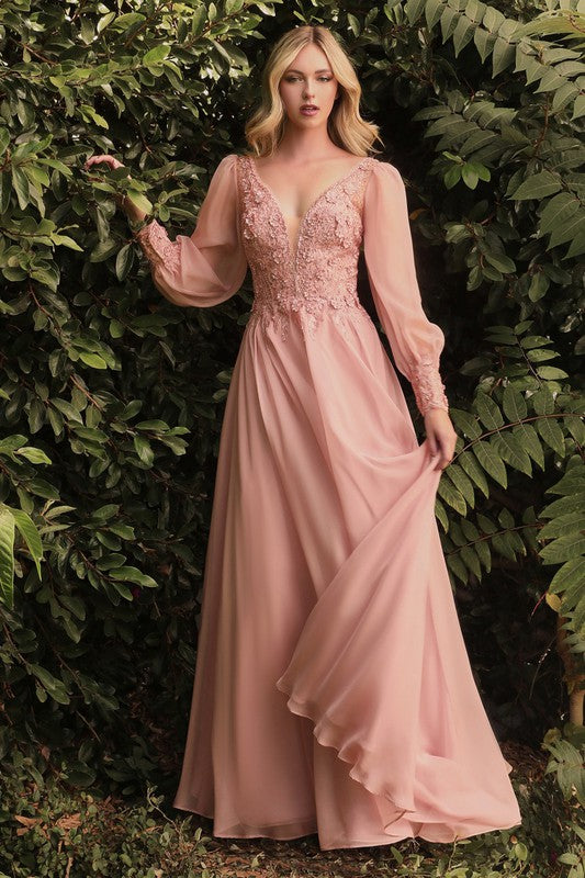 Mauve Flower Fairy Lace Satin Long Sleeve Evening Dress