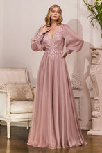 Mauve Flower Fairy Lace Satin Long Sleeve Evening Dress