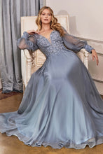 Smoky Blue Flower Fairy Lace Satin Long Sleeve Evening Dress