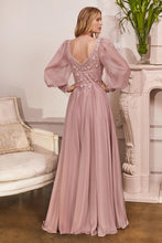 Mauve Flower Fairy Lace Satin Long Sleeve Evening Dress