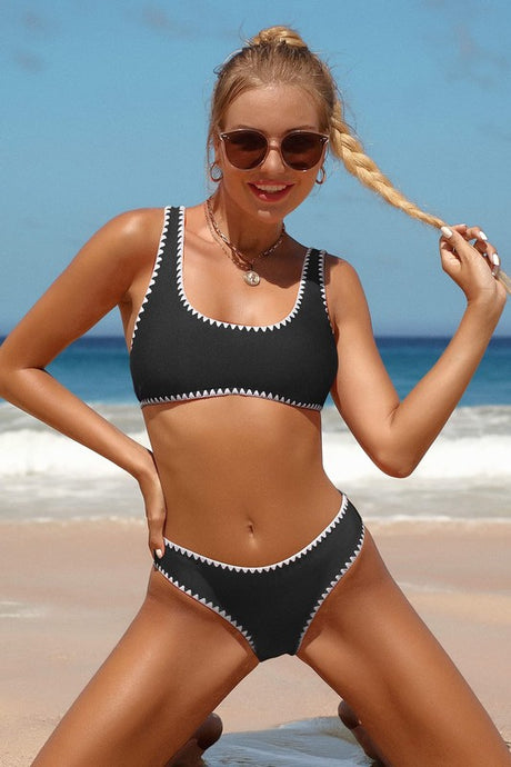Black Crop Top High Cut Two Piece Swimsuit Sets
