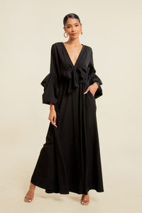 Black V Neck Tie Up Maxi Dress