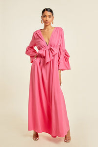 Pink V Neck Tie Up Maxi Dress