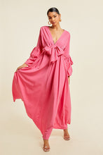 Pink V Neck Tie Up Maxi Dress