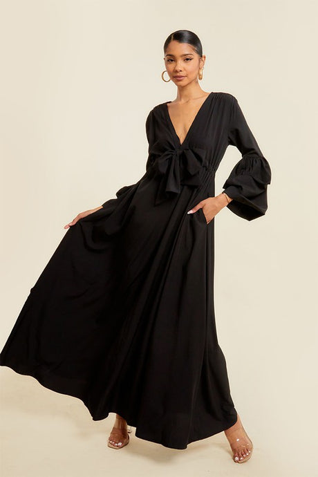 Black V Neck Tie Up Maxi Dress