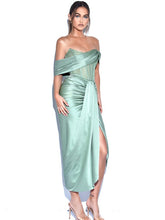 Light Green Off Shoulder Crystal Corset Satin Gown