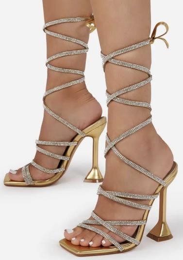 Gold Womens Rhinestone Ankle Strap Dress Shoes