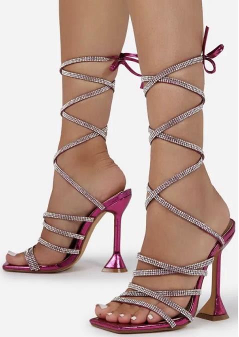 Pink Womens Rhinestone Ankle Strap Dress Shoes