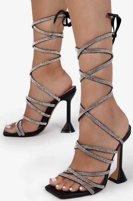 Black Womens Rhinestone Ankle Strap Dress Shoes