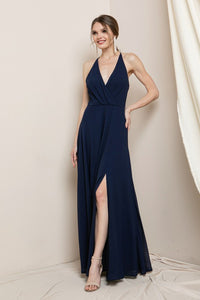 Dark Blue Surplice Chiffon Maxi Dress With Slit