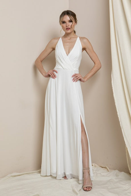 White Surplice Chiffon Maxi Dress With Slit