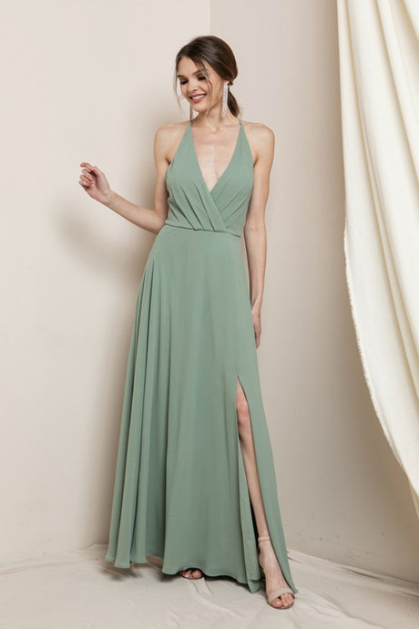 Green Surplice Chiffon Maxi Dress With Slit
