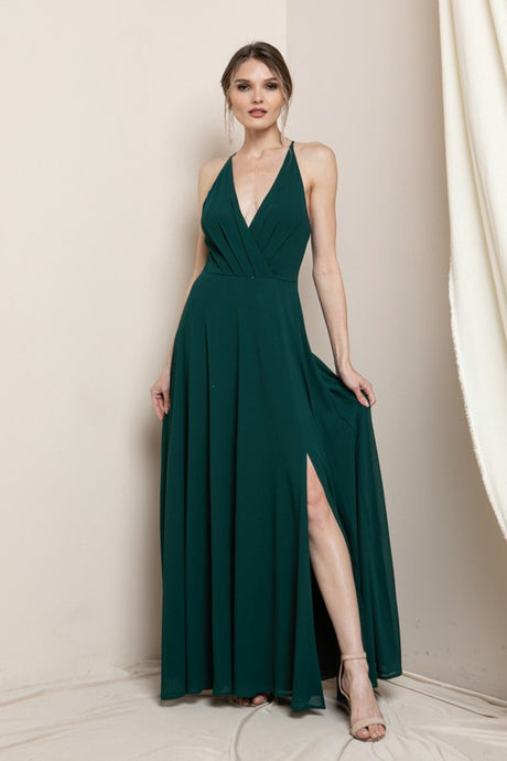 Dark Green Surplice Chiffon Maxi Dress With Slit