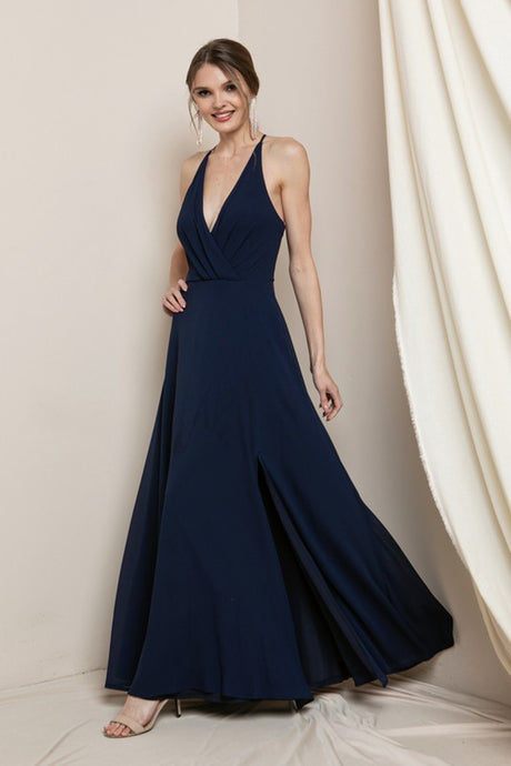 Dark Blue Surplice Chiffon Maxi Dress With Slit