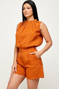 Orange Sleeveless Top And Shorts