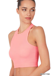 Bright Pink Ribbed Seamless High-Neck Cropped Tank Top