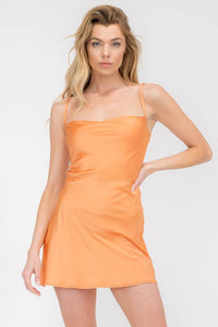 Orange Silky Satin Lace Up Mini Dress