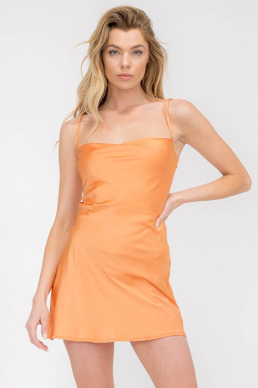Orange Silky Satin Lace Up Mini Dress