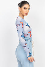 Denim Blue Butterfly Print Mesh Top