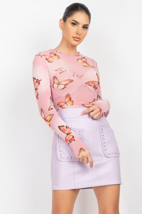 Mauve Butterfly Print Mesh Top