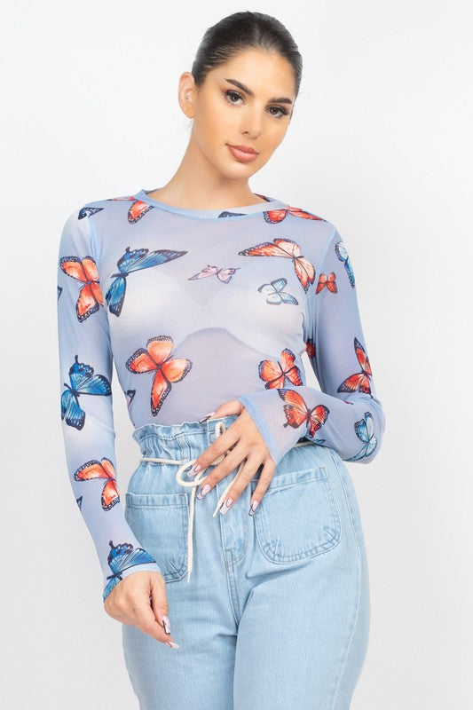 Denim Blue Butterfly Print Mesh Top