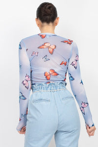 Denim Blue Butterfly Print Mesh Top