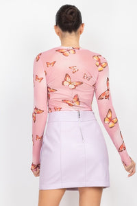 Mauve Butterfly Print Mesh Top