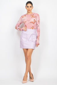 Mauve Butterfly Print Mesh Top