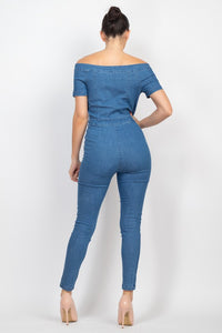 Medium Denim Button-Down Off-Shoulder Denim Jumpsuit