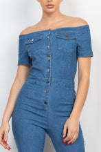 Medium Denim Button-Down Off-Shoulder Denim Jumpsuit