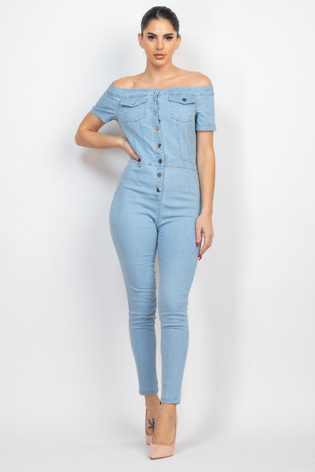 Light Denim Button-Down Off-Shoulder Denim Jumpsuit